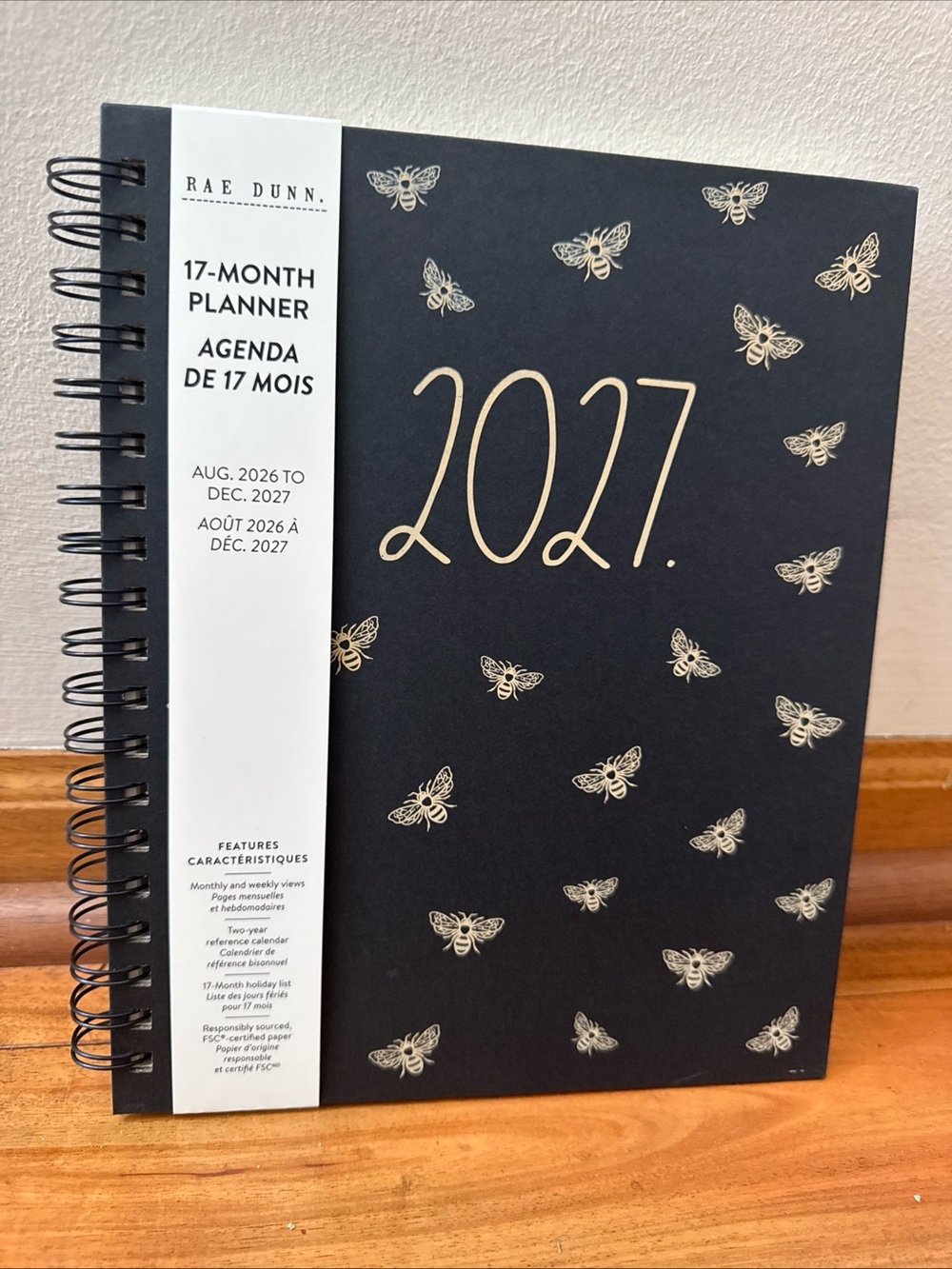 Rae Dunn 2027 PLANNER  with Bee Cover Spiral 17 months Planner Black  10x8”